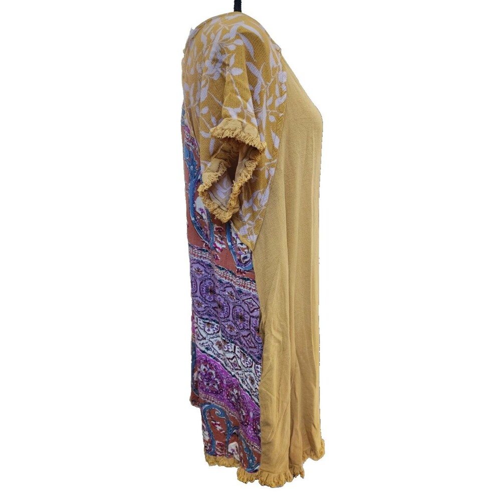 UMGEE Mustard Boho Dress/Tunic Size Large Fringe Hem Linen Blend